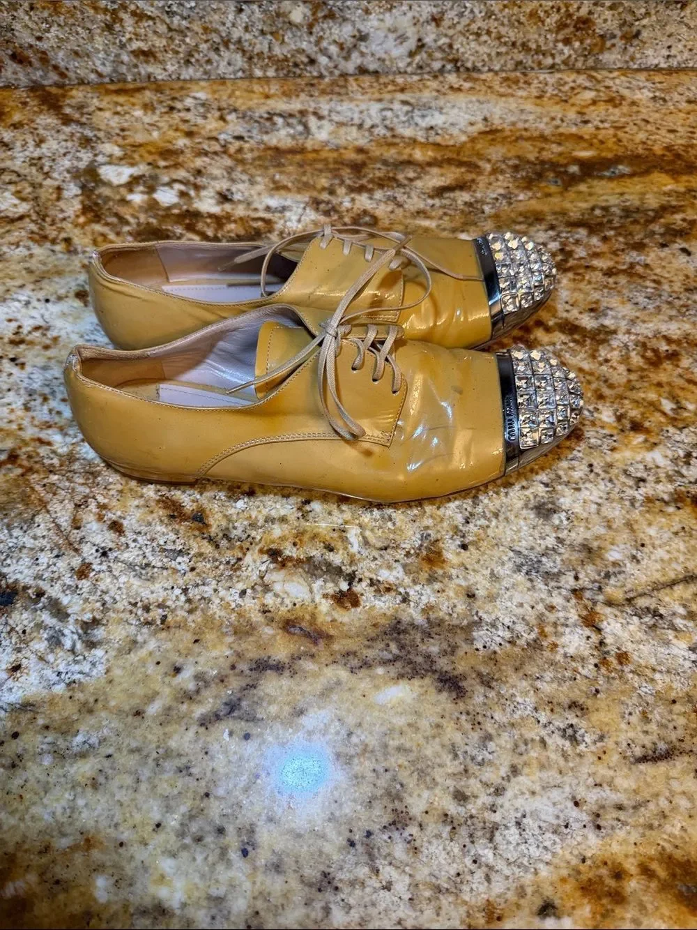 Miu Miu Yellow Girls Lace-Up Shoes with Rhinestone Cap Toes